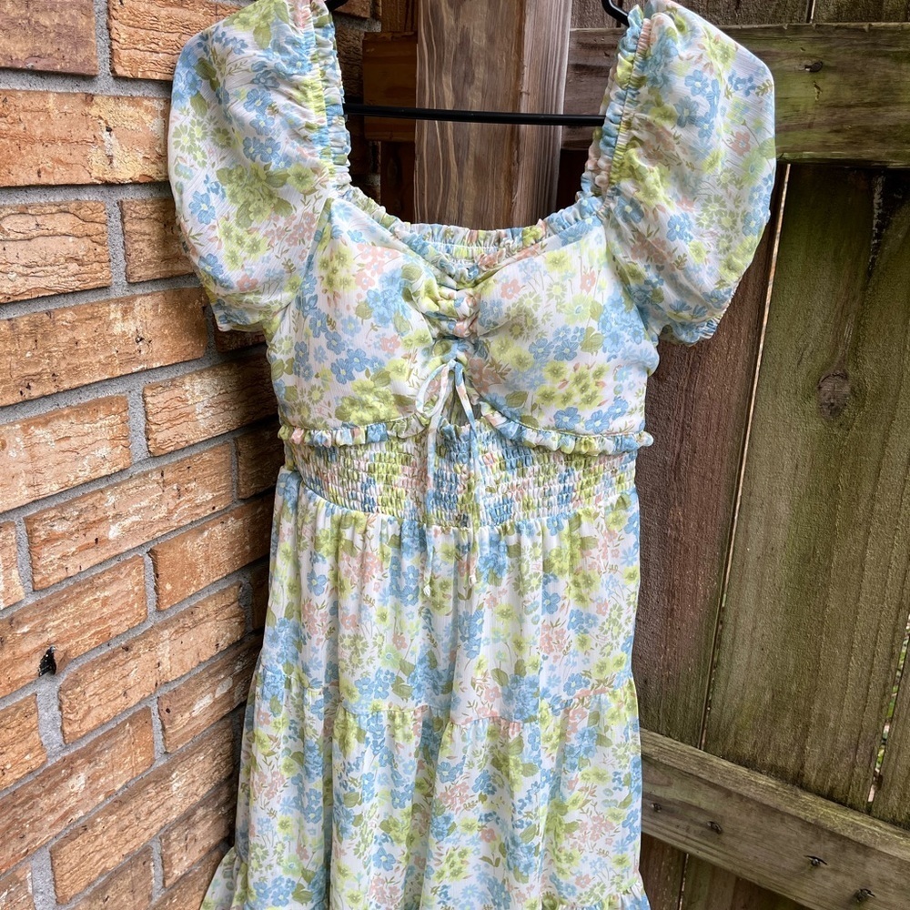Green and Blue Ruched Puff Sleeve Midi Dress